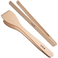 Uulki Ensemble Pince BBQ Grill : 1 Pince Barbecue Spatule et 1 Pince Grille en Bois Hêtre - Fabriqué en Europe - Pinces à Servir 30 cm Longue - Ustensiles Couverts de Cuisine Écologique