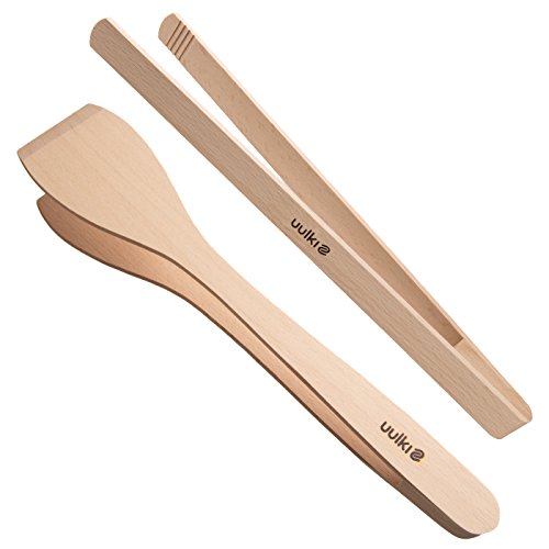 Uulki Ensemble Pince BBQ Grill : 1 Pince Barbecue Spatule et 1 Pince Grille en Bois Hêtre - Fabriqué en Europe - Pinces à Servir 30 cm Longue - Ustensiles Couverts de Cuisine Écologique