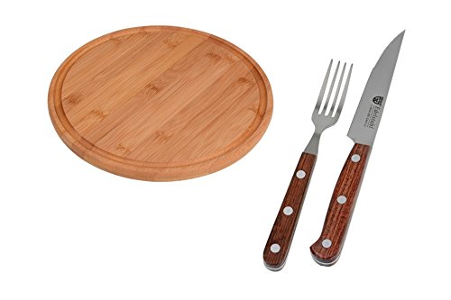 GRÄWE Steak- Pizzabesteck, Messer und Gabel + Schneidbrett aus Bambus
