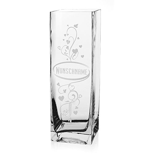 Privatglas Blumenvase Dekoglas -Herzranke- mit Gratis Gravur des Namens