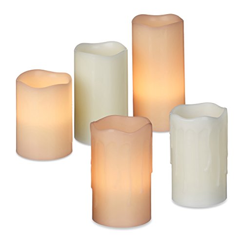 Preisvergleich Produktbild 5er Set LED Kerzen, Echtwachs, elektrische Kerzen, flammenlos, flackernd, Batteriebetrieben, verschiedene Größen, creme