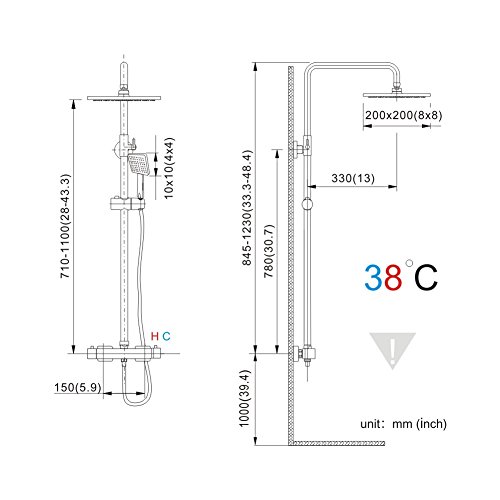 Homelody Duschsystem mit Thermostat Duscharmatur Regendusche Duschstange Brausethermostat-Duschset Duschkopf Rainshower Duschpaneel Dusche - 5