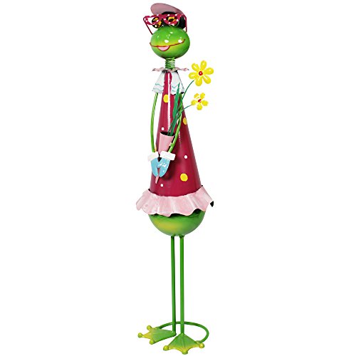COM-FOUR® Dekofigur „große Froschdame mit Blumen“, Gartenfigur aus bunt lackiertem Metall im Frosch-Design, ca. 68×16,5×16,5cm - 4