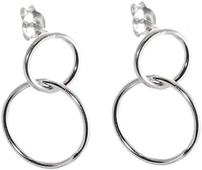 x Contemporary Sterling Silver Jewellery: Linked Circle Dangly Earrings (Stud Fastening) (16mm x 23mm) (E702)
