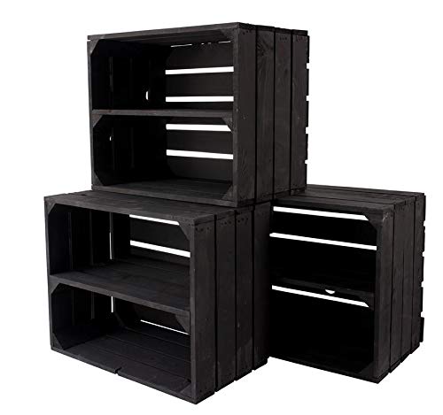 Kontorei® Neue Schwarze Obstkiste/Weinkiste mit Zwischenboden 50cm x 40cm x 30cm 3er Set Regal Holzregal Regalsystem Holzkiste Kiste Schuhregal klassisch