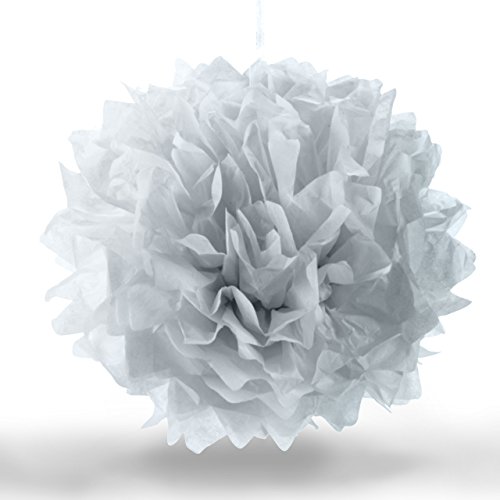 PUMPKO 10er Set Premium Seidenpapier PomPoms für Ihre Hochzeit | Pom Poms zur Deko von Geburtstagen | Papierblumen für eine besondere Party | Pompons in Weiß, Hellgrau und Grau - 5