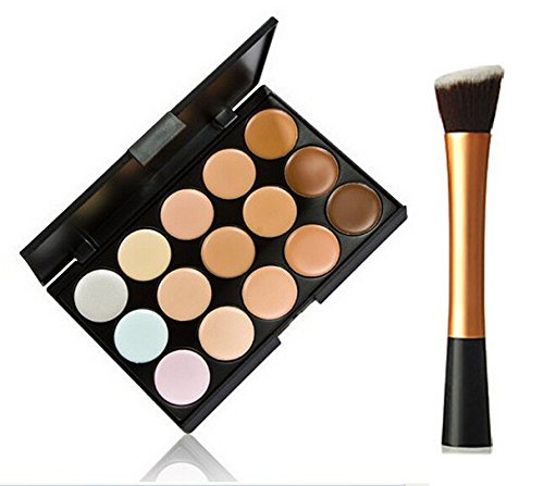 LyDia® 15 Colours Cream Concealer/Highlight/Face Contour Camouflage Palette Dull/Redness Skin/Black Circle kit set + LyDia Gold-1049 Flat Angled Makeup Brush