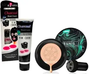 SUNISA BB and CC Cream Foundation With Mushroom Head Air Cushion 20g and 1 Charcoal Peel Off Mask - (Pack of 2)