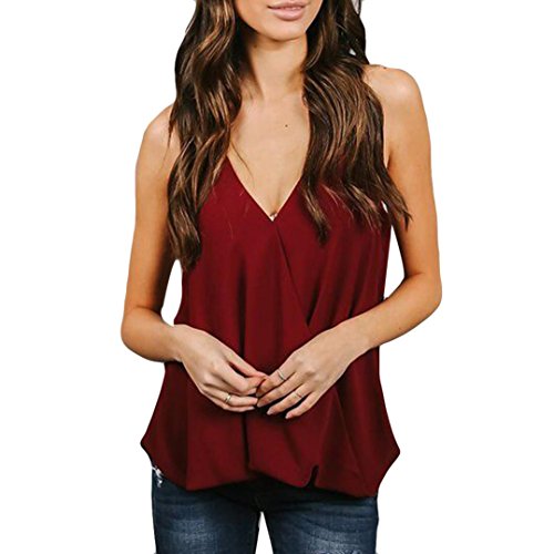 Preisvergleich Produktbild Damen Spaghettiträger Oberteile DOLDOA Frauen Mädchen Sommer Elegant Chiffon V-Ausschnitt Tank Crop Tops Vest Mode Sesy ärmellose Blouse T-Shirt Beiläufig Tanktops Street shirt Blusentop Weste Cami Shirts Top Camisole (EU:36, Weinrot)