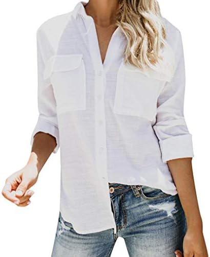 GLVSZLazzboy Womens Shirt Blouse Long Sleeve Cotton Linen Stand Collar Casual Solid Button Pocket Tops(M(10),White)