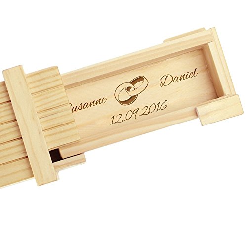 Magische Geschenkbox zur Hochzeit – personalisiert mit Namen und Gravur – Trickkiste für Geldgeschenke – Knobelspiel – Verpackung für Hochzeitsgeschenke – Motiv Ringe – hell – 10,5 x 6,5 x 4 cm - 2