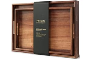 Fibogollo Set of 2 Acacia Wood Serving Tray with Handles,Decorative Trays Platter,Breakfast Tray in Bed,Food Drinks Trays for Eating,Working,Storing
