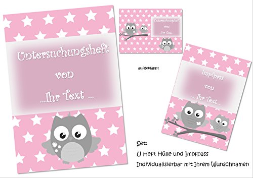 Set U-Heft Hülle und Impfpasshülle mit Ihrem eigenen Namen, Eule rosa 1