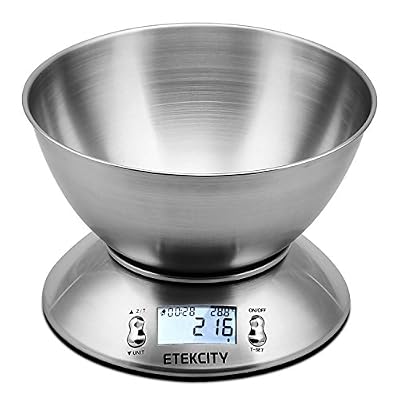 Etekcity Balance de Cuisine Electronique 5 kg en Acier Inox avec Grand Ecran Rétroéclairé, Bol Amovible, Minuterie, et Fonction Tare, Piles Fournies, Argent