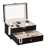 Relaxdays Uhrenbox f. 10 Uhren, abschließbarer Kunstleder Uhrenkasten, Uhrenkoffer Glasdeckel u. Uhrenkissen, schwarz