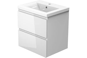 Biubiubath 600mm Bathroom Sink Unit with Basin Gloss White 2 Soft Close Drawers Wall Mounted Bathroom Suite with Vanity Unit Modern Handless Design