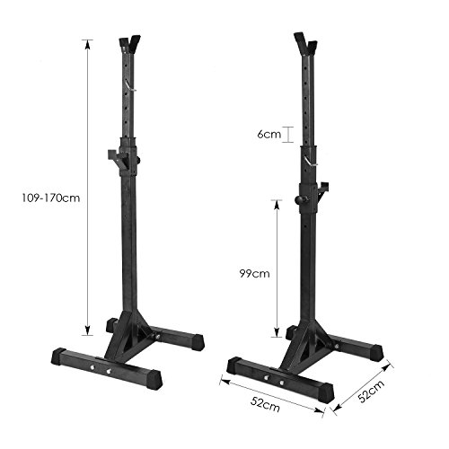 FEMOR Estante Soporte para Sentadillas Soporte Ajustable de Mancuernas para Barra de Pesas, Carga Max 100kg, Altura Regulable Entre 109 y 170 cm, Color Negro