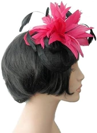 Coral Pink Double All Feather Flower Hair Fascinator with Black and Coral Pink Sinamay Bow with matching feathers on a Black Tear Drop base on Sprung Clip