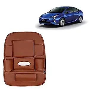 RD Universal PU Leather Car Auto Seat Back Organizer Multi Pocket Travel Storage Bag with Hangers, Tissue Paper and Bottle Holder-Tan Colour Compatible for Toyota Prius
