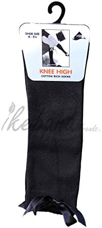 Bow Knee High School Girls &amp; Kids Plain Long Length Cotton Stretch With all size &amp; colour (Set of 6 pairs) (UK 6-8.5 (EU 23-26.5), Black)