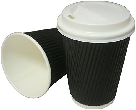 1000 x 16oz Belgravia Black Triple Ripple Paper Wall Tea Coffee Cappuccino Hot Drinks Cups & White LIDS