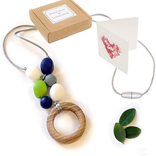 'Oak Ring' New Teething Necklace, Gift Box & Greeting Card; Natural Organic Oak Wood & Silicone Beads Jewellery