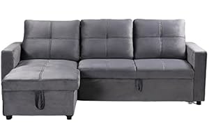 IBERA HOME Sofá Cama Chaise Longue PAU, 215x135cm - Diseño Moderno, Almacenamiento - Color Gris Terciopelo
