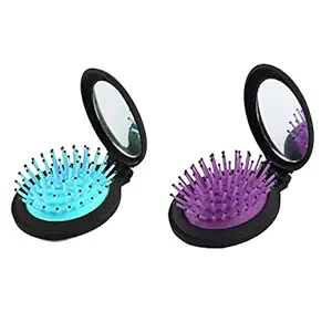 NuAngela Mini Hairbrush, Folding Hair Brush With Mirror Set, Compact Pocket Size, Travel Pop Up Hair Comb, Easy Keep in Purse, Gym Car Bag (2 Count (Pack of 1), Green Blue)