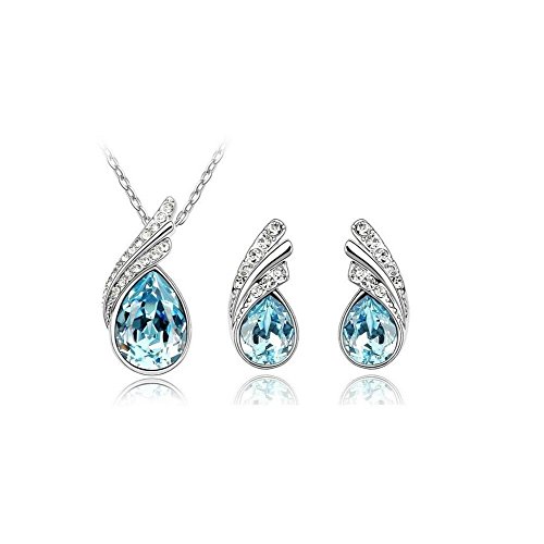 AoE PerformanceCrystal Droplet Silver and Blue Elegant Earrings & Necklace Jewellery Set
