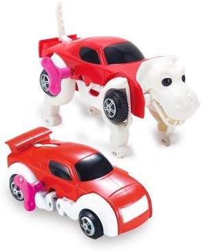 Clockwork Dino Rhino Transform Into Car Wind-up Smart Geek Toy For Kids Automatic Trans Boy Toy Gift (Red White Rihno)