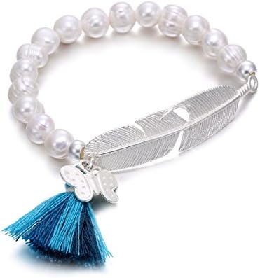 eManco Statement Stretch Cultured Freshwater White Pearl Bracelet for Women With Feather Tassel Charm Jewellery