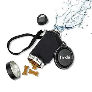 Bindle Puppy Pack Outdoor Dog Water Bottle with 12oz Collapsible Bowl, Insulated, Portable Water Dispenser for Dogs with Carabiner and Over The Shoulder Strap, Travel Dog Walking Kit, Black 24 oz