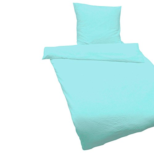 Preisvergleich Produktbild Fashionpillow -1111081002- Seersucker Bettwäsche Set türkis, 135x200cm, unifarbener Bettbezug -Decke und Kissen- mit Reißverschluss, Mikrofaser