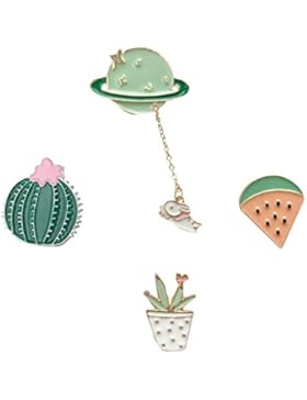 Brosche Anstecknadel Anstecker Pins Metall Brosche 4 Stück Set Planet Kaktus Wassermelone Blumentopf