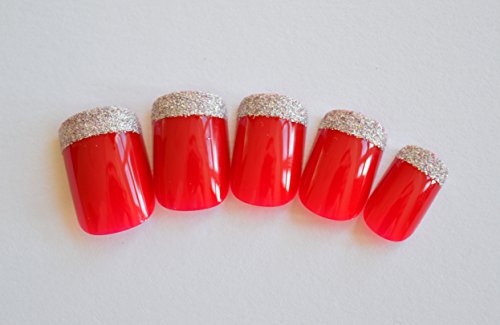 J and J Beauty 24 Full Cover False Nails with Glue and Adhesive Tabs - Ruby Red with Silver Tip
