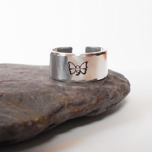 Butterfly Semi Colon Secret Message Handstamped Aluminium Adjustable Cuff Ring