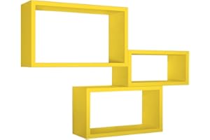 MODULARREDO | TRITTICO Set di 3 Mensole da Muro, Libreria Sospesa, Libreria Parete, Giallo Canarino, 45x27 p15.5 cm, 40x22 p15.5 cm e 35x17 p15.5 cm, Kit Tasselli Incluso - Made in Italy