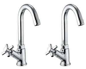 Drizzle Swan Neck Pillar Cock Corsa Brass Chrome Plated/Wash Basin Tap / 360 Degree Moving Spout Tap/Bathroom Tap/Quarter Turn Tap/Water Foam Flow Tap - Set of 2