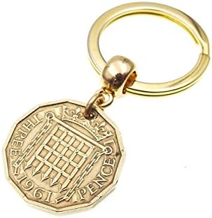 Genuine 1961 Brass Threepence Coin Keyring 57th Birthday Gift