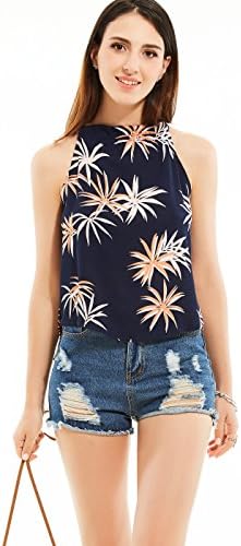 Bohoartist Women Slim Blue Sleeveless Flower Printed Halter Ladies Tank Top Casual Blouse Vest T Shirt (M)