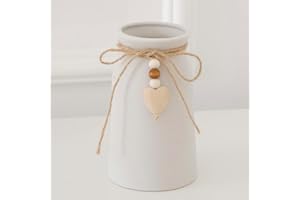 HOPEME Charming 6-Inch Ceramic Vase with Jute Rope & Heart Charm, Elegant Boho & Farmhouse Décor, Small Vase for Home and Office, White