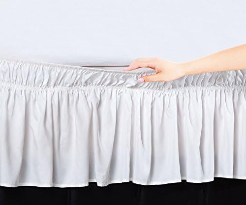 De Moocci Luxury Wrap Around Style, Elastic Bed Wrap Ruffled Bed Skirt 16inch Drop, Platform Free, 2 sizes, 100% Polyester (White Queen/King)