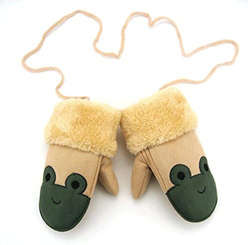 TM060 Children's imitation suede gloves, cute little frog gloves, boys and girls cute plus velvet padded gloves, baby lanyard mittens, suitable for children aged 3-6 ( Color : Beige )