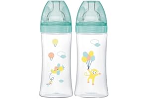 DODIE Lot de 2 Biberons Anti-Colique Sensation+ (2x330 mL) - Tétine Plate, Débit 3, Sans BPA - +6 mois – Vert et Bleu Air