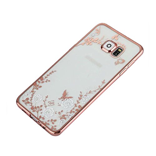 Für Samsung Galaxy S6 Hülle Transparent Schutz Case,Weiches Silikon Klar Dünn Gummi Durchsichtig Mit Strass Diamant Glitzer Bling Tasche Schutzhülle,Herzzer Flexibel Luxuriös (Rose Gold) Galvanisieren Plated Rahmen Bumper [Weiß Blumen Muster] Kristall Gel Handy Silikonhülle Schutztasche Schale Hüllen Case Cover für Samsung Galaxy S6 + 1 x Frei Weiß Handy Halterungen Ständer + 1 x Frei Silber Stylus Stift - 3