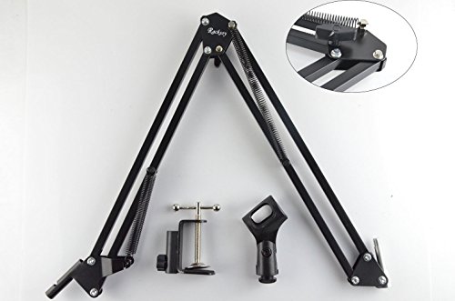 Racksoy Professional Adjustable Microphone Fold Mic Suspension Boom Scissor Arm Stand Holder with Mic Clip Mounting on Desk or Table Top for Studio, Program record, Broadcasting, TV Station, Solo Artist (Black)