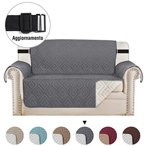H.VERSAILTEX Reversibile Doubleface Copertura Divano, Copripoltrona per Divano Trapuntato Luxury Extra Morbido all'Acqua con Cinghie di Fissaggio Elastiche 190 x 116cm, Grigio