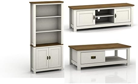 Farmhouse Rustic Painted Living Room Furniture Set of 3 - Bookcase, Wide TV Unit &amp; Coffee Table