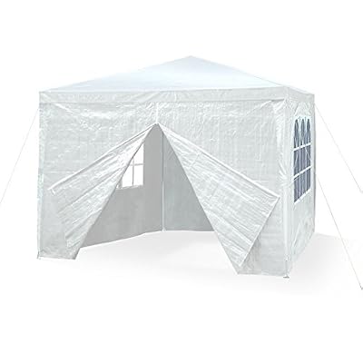 JOM 127134 Barnum de jardin, 3 x 3 m, avec 4 parois latérales, 3 fenêtres et 1 porte avec fermeture éclair, PE 110G, tiges métalliques, connecteurs en plastique, imperméable, avec piquets et câbles, blanc