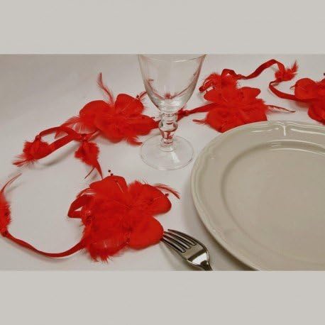 Red Feather and Flower Petals Fabric Garland With Small Beads Rocailles, 2 Meters
